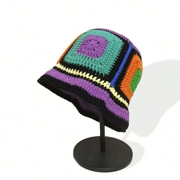 Crochet Hat Colorful Handmade Plaid Sun Hat - Picture 3 of 12